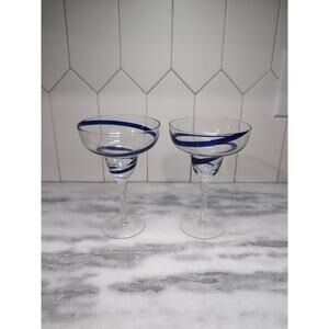 Pier 1‎ Margarita Glasses Swirl Line, Cobalt Blue Blown Glass, Set of 2, Barware
